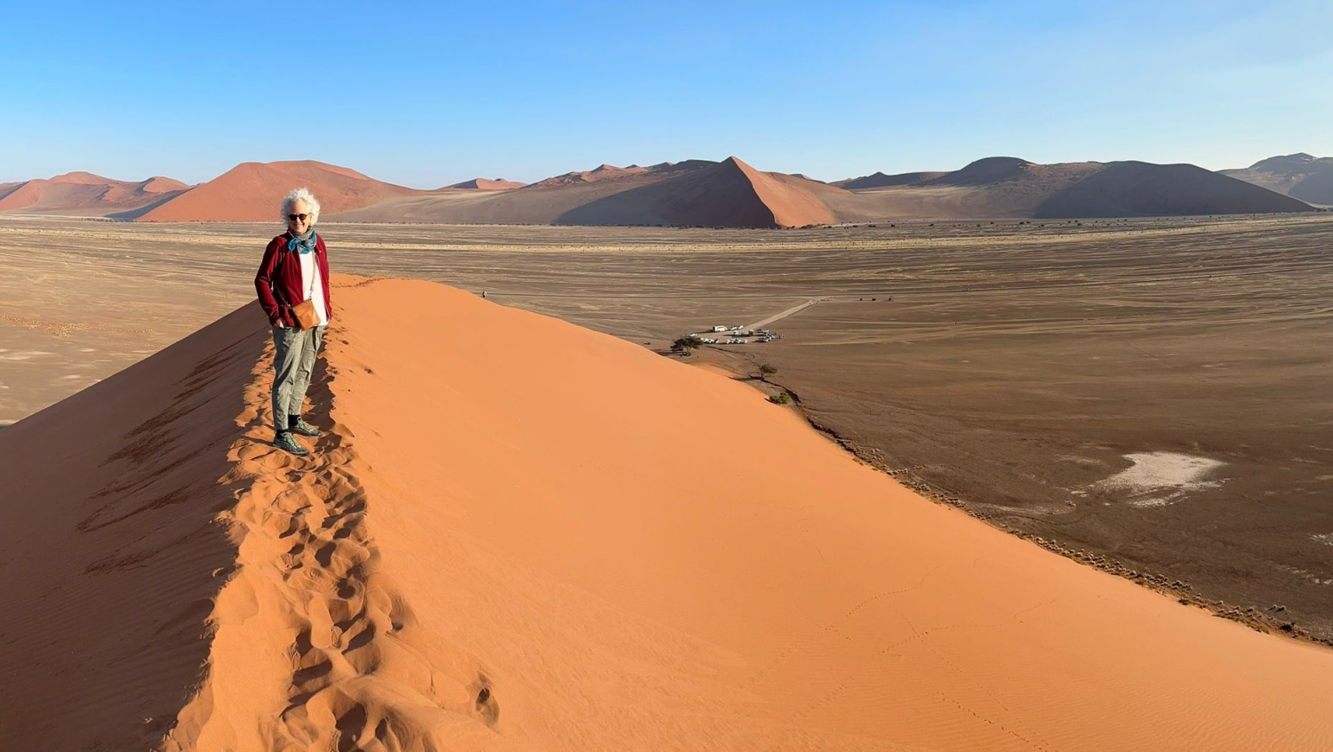 Janice atop a sand dune on a small group tour of Namibia