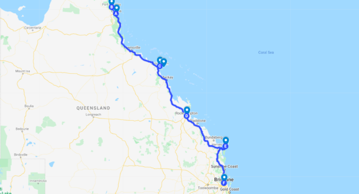 map of a solo road trip route from cairns to brisbane, australia