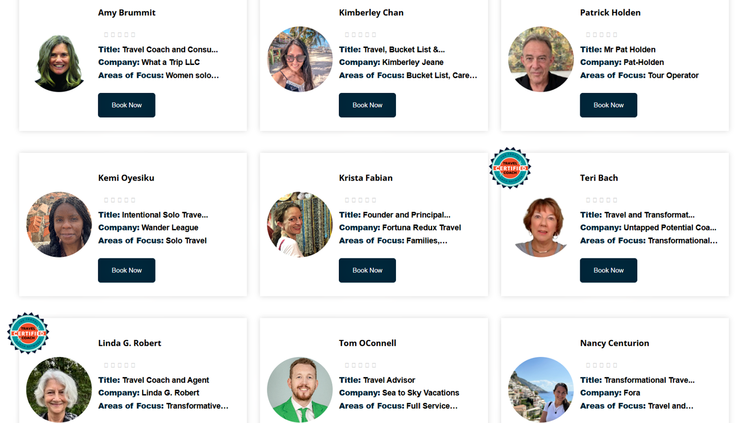 screenshot of listings in the Travel Coach Network directory